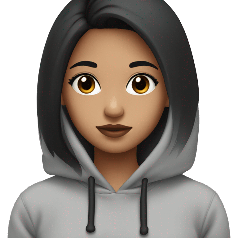 girl wearing a grey and black hoodie, pretty, black hair, black eyes, pink lips, facing the side a little bit emoji