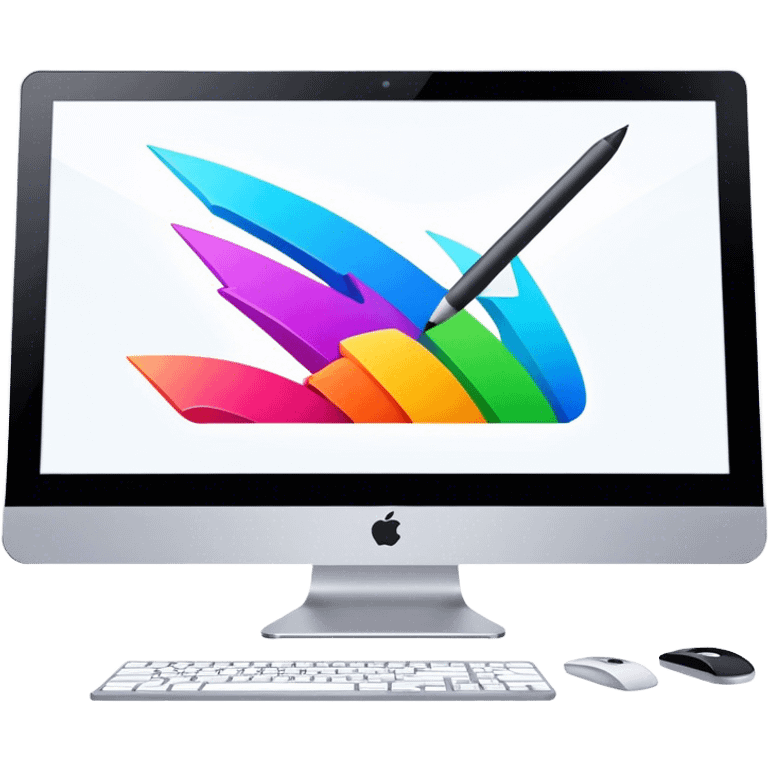 Computer graphics icon, large monitor with graphic design software open, graphic tablet, stylus, vibrant colors, minimalistic style, clean lines, transparent background. emoji