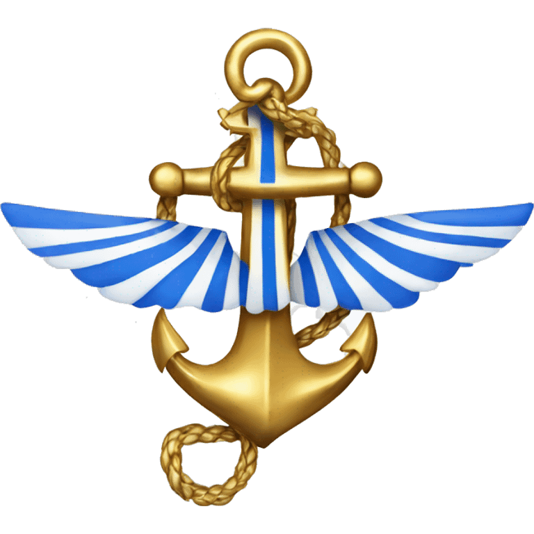 a golden anchor between 2 wings with blue and white wavy stripes emoji