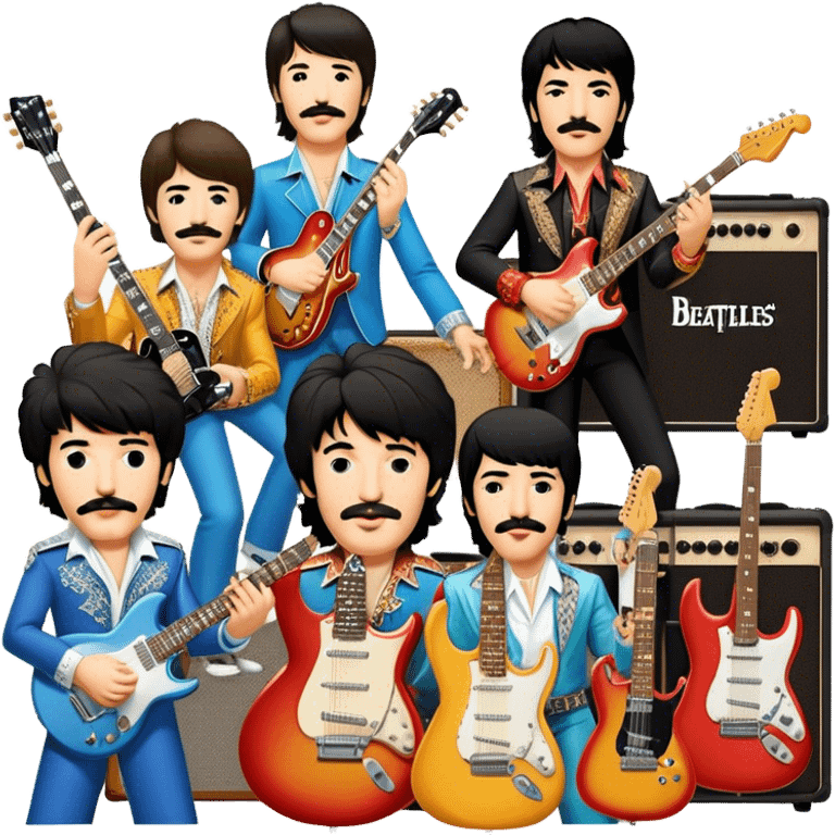 Rock music icon: dynamic collage of global rock legends like The Beatles, Jimi Hendrix, Elvis Presley, Led Zeppelin, Queen, and Nirvana, surrounded by guitars, amplifiers, and stage lights. Not all have mustaches, reflecting diverse styles. Transparent background. emoji