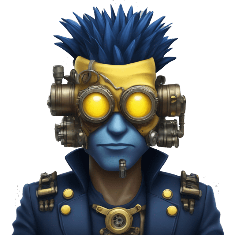 Navy blue Mohawk cyborg head with yellow steampunk goggles emoji