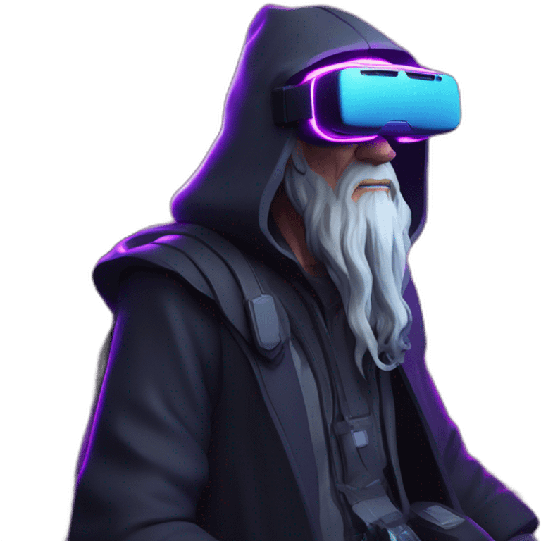 Gandalf wearing a black hoodie with "OMG" letters on it and VR headset in a cyberpunk VR environment with violet neon lighting. emoji