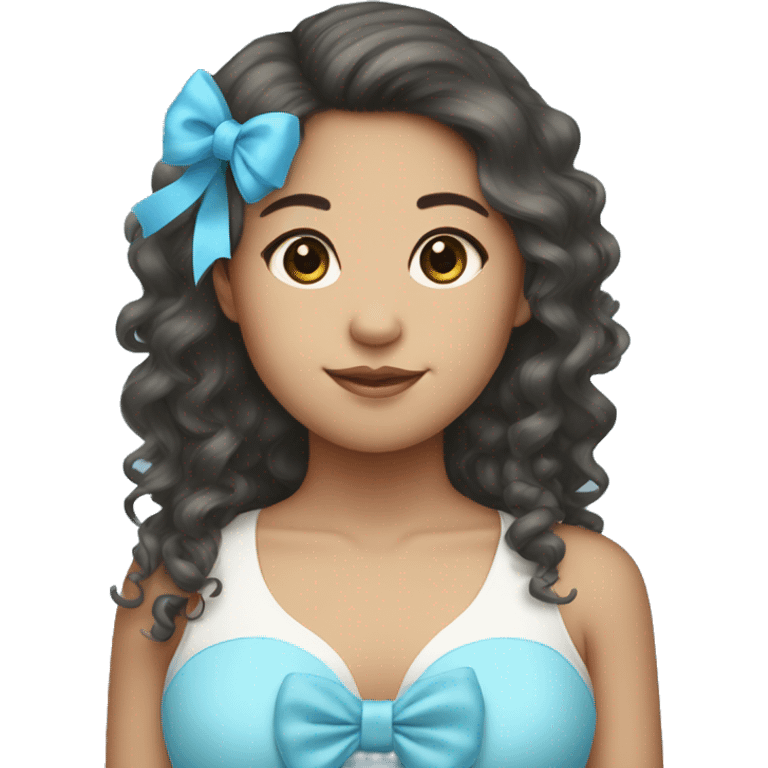 Big Curly long hair Asian girl with baby blue bow  emoji