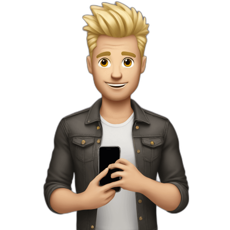 Blonde man with faux hawk hair holding iPhone in hand emoji