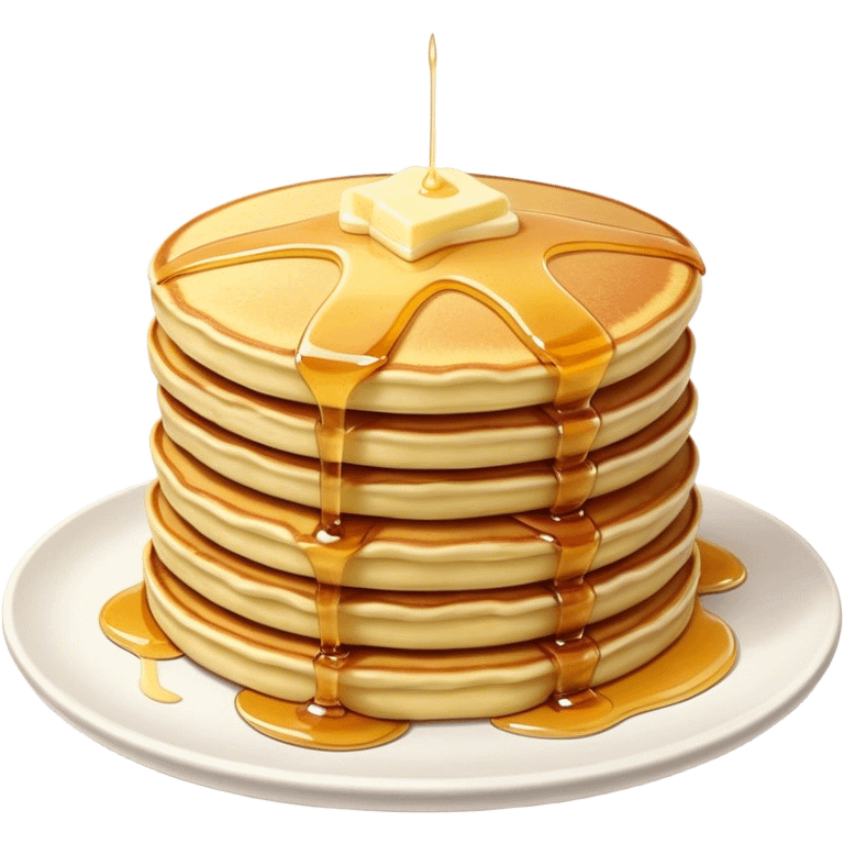 Cinematic fluffy golden pancakes, stacked high, drizzled with maple syrup, topped with fresh butter melting on top, light dusting of powdered sugar, warm and inviting, soft glow and mouthwatering. emoji