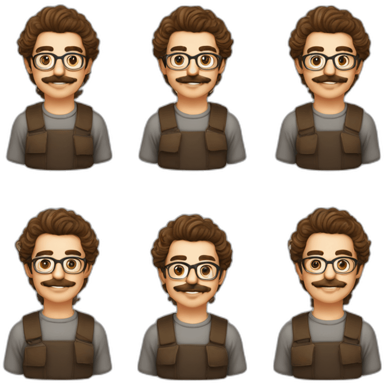 jeune homme cheveux long bouclé et brun, fine lunette et moustache emoji