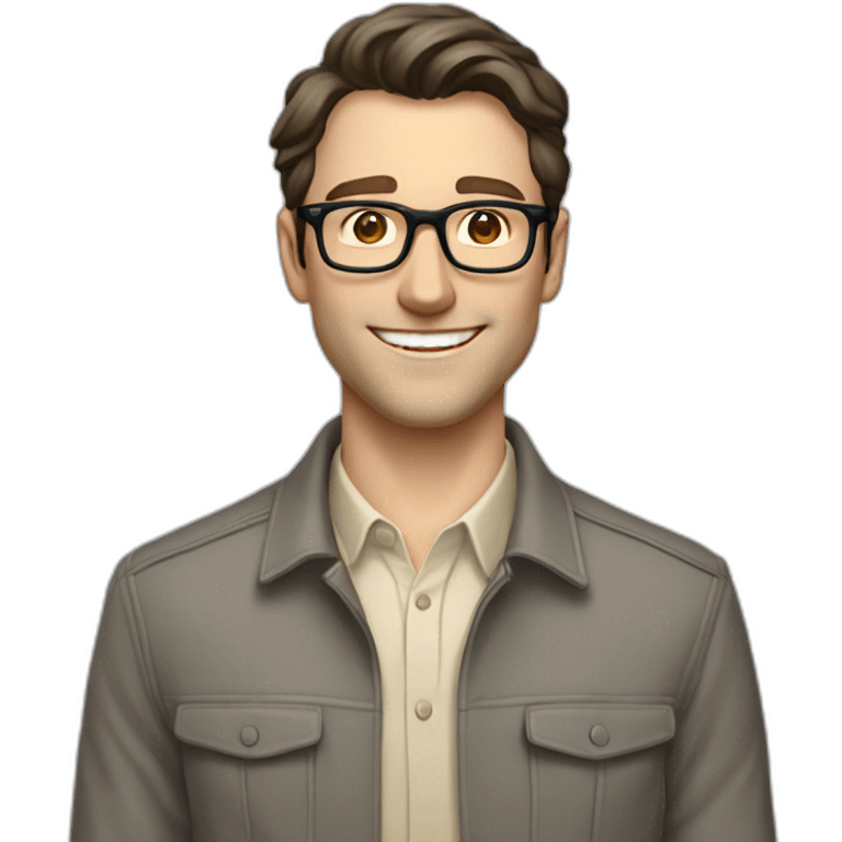 Joyful Full height Pale skinned Fit Man With dark brown hair in gray jacket, beige office shirt, Brown pants and vintage glasses. His thrumbs up emoji