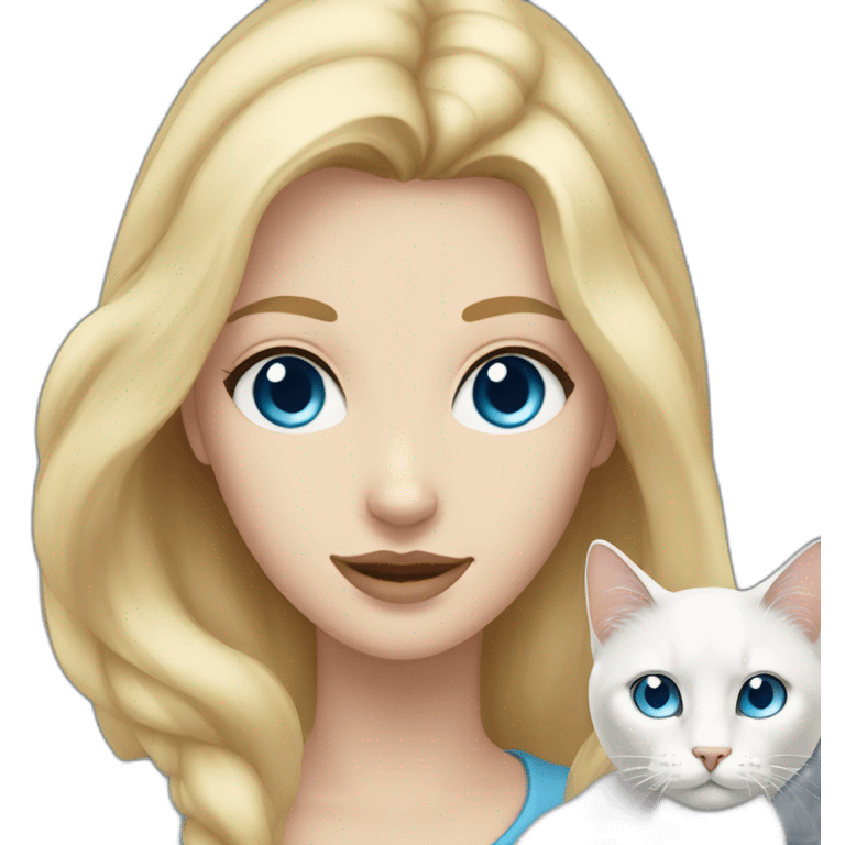 White woman with long blonde hair, blue eyes, white cat with brown eye, blue eye emoji