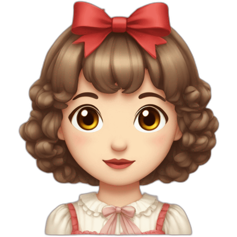 cute girl with brown eyes,brown hair,bang between eyes,short fluffy hair,red ribbon on head,lolita dress,two sides up emoji