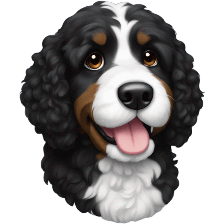 A black bernadoodle breed dog. Black with a tuxedo-like white neck emoji