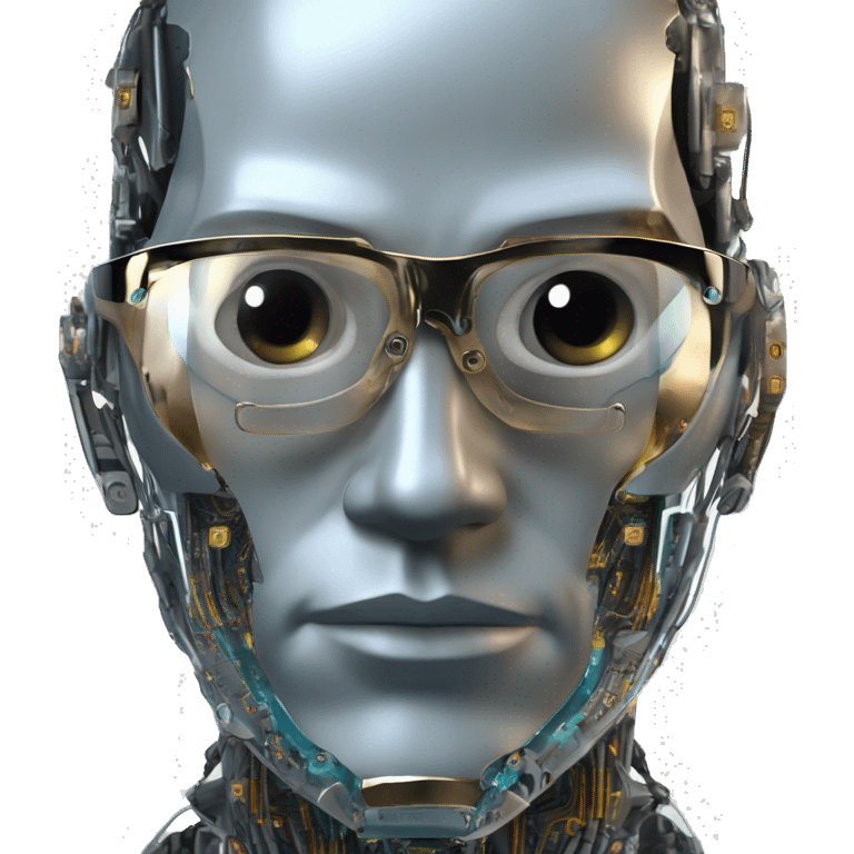 Male cyborg head with metallic plated face, flat top, glasses and circuits emoji