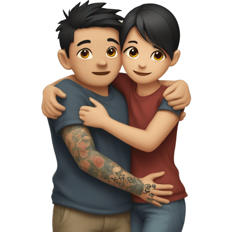 Cute girl hug Asian boy with tattoos on right arm emoji