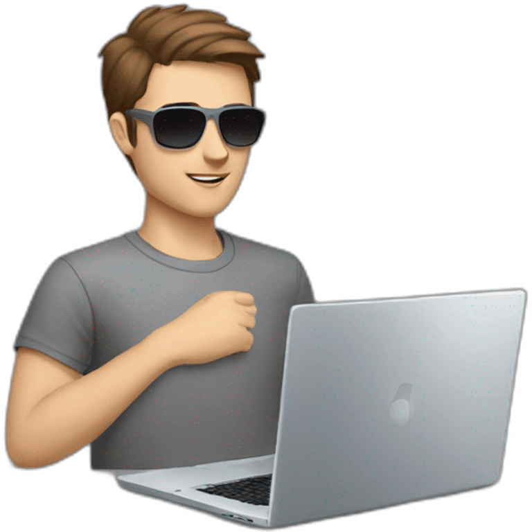 young white male with brown hair and brown eyes, wearing grey T-shirt, having pilot sunglasses, while having hands on the silver laptop and having silver rolex on whrist emoji