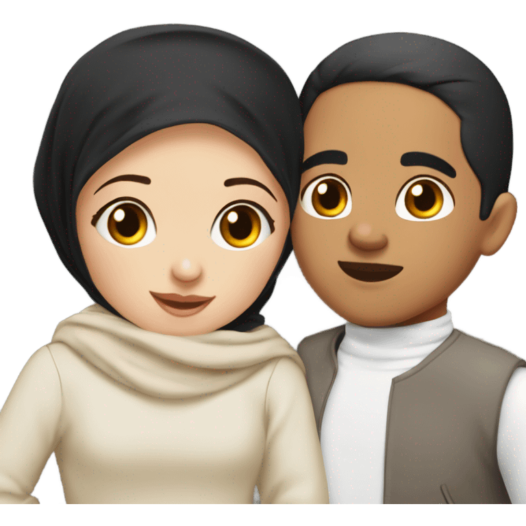 Brunette Hijab Girl with long lashes and red cheeks kiss a boy with black hair with boxer cut  emoji