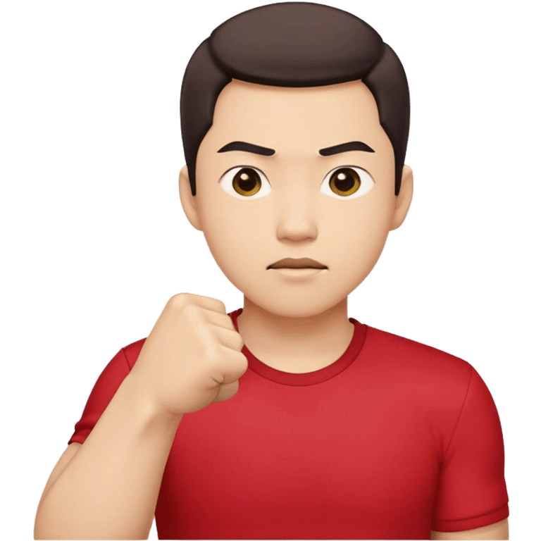 A determined Korean man in a red shirt, clenching his fist with a confident expression. Emoji-style digital illustration emoji