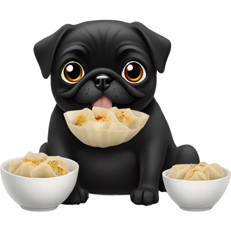 Black pug eating Chinese food dumplings  emoji