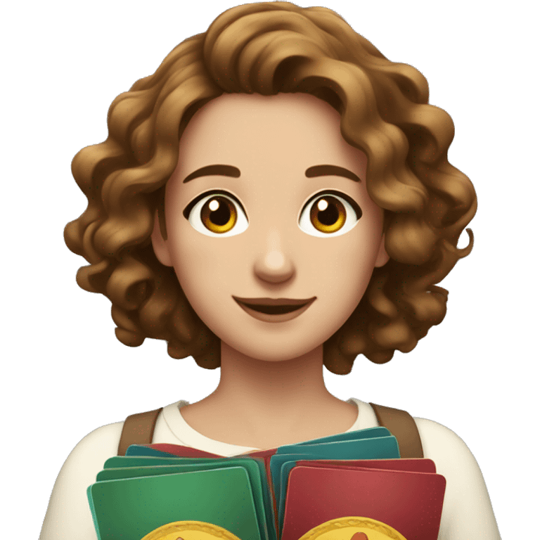 a young woman with wavy brown hair. She has a friendly expression and is holding several ornate cards emoji