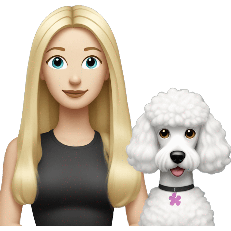 white woman with long blonde hair and cat shaped eyes wearing a yoga outfit standing alongside a black/white poodle emoji