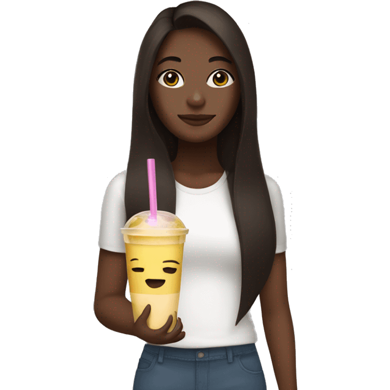 Dark brown haired girl with medium straight hair holding a smoothie and has a face mask on emoji