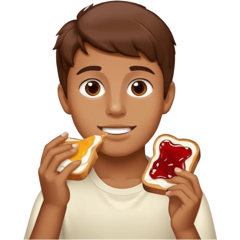 boy with brown hair eating toast with cream cheese and jelly  emoji