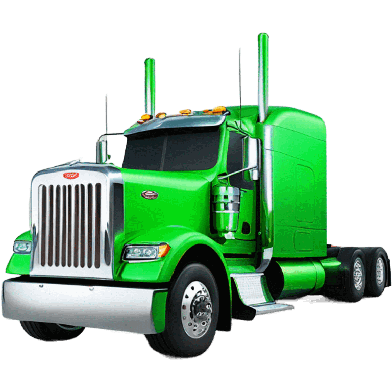 neon green peterbilt semi truck lowered on the ground with large chrome wheels and chrome smoke stacks emoji