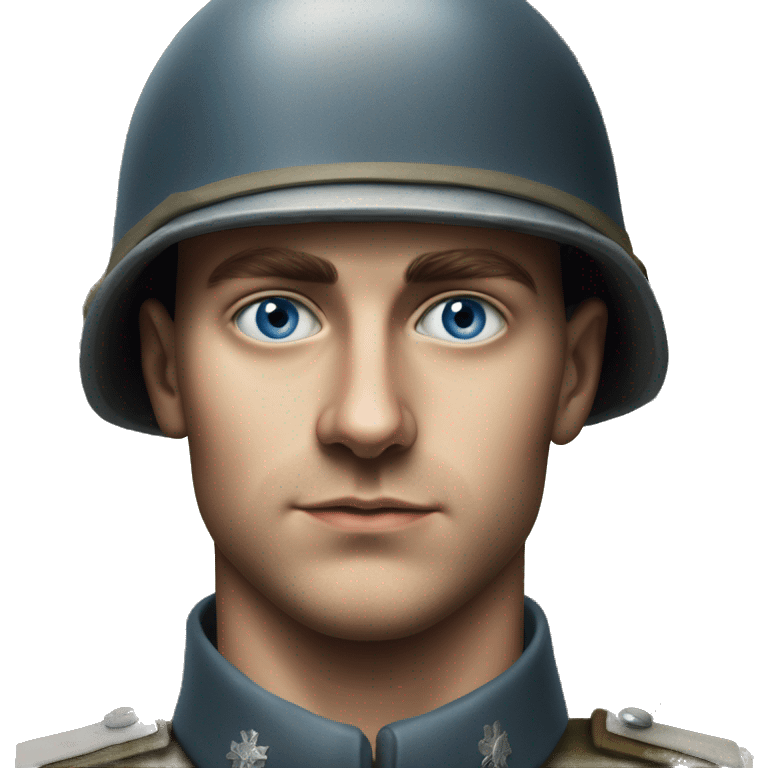 blue eyed  guy 28 years old german soldier in helmet 1940 photorealistic serious emoji