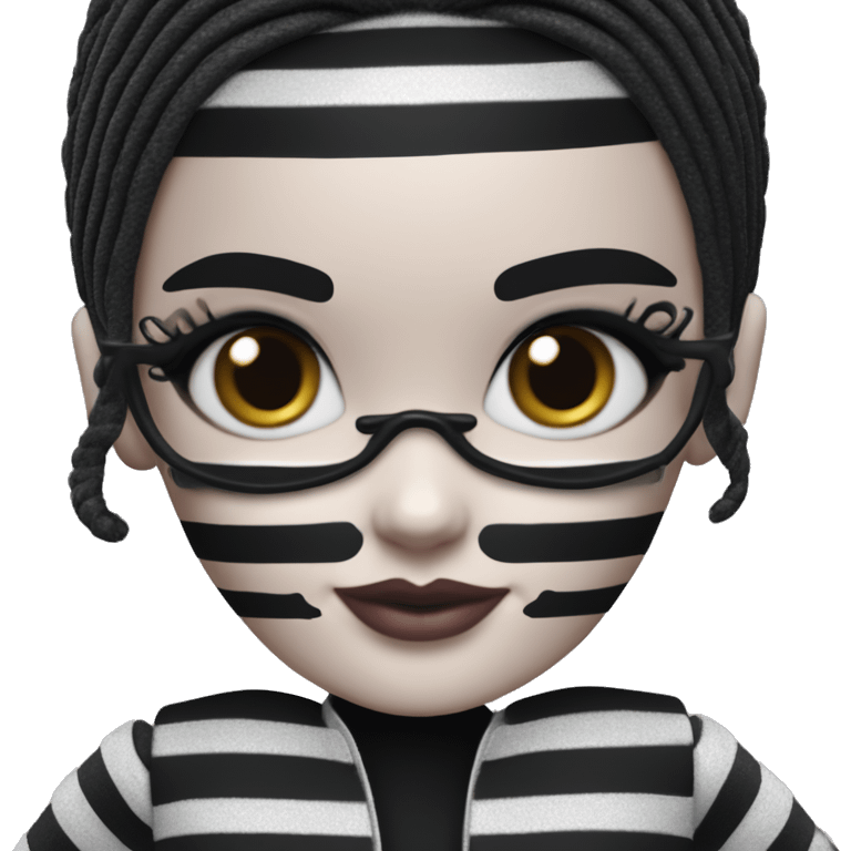 Bouclé Beauty Barbie, Wednesday Addams from academy, in dark-gray and black striped emoji