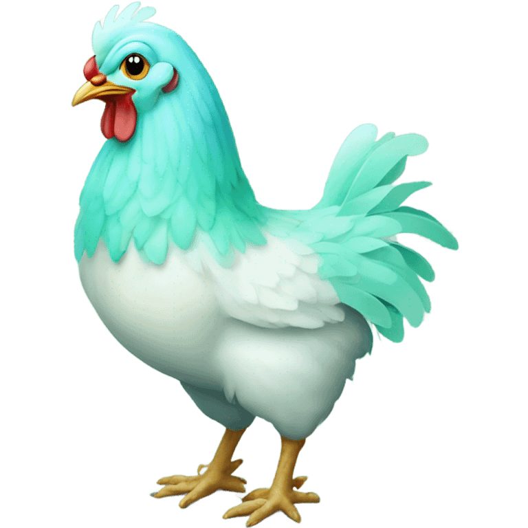 Beautiful chicken with pale green and blue eggs beside it emoji