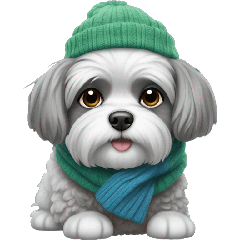 Shitzu dog grey with a blue and green sweater, a scarf and a winter hat emoji