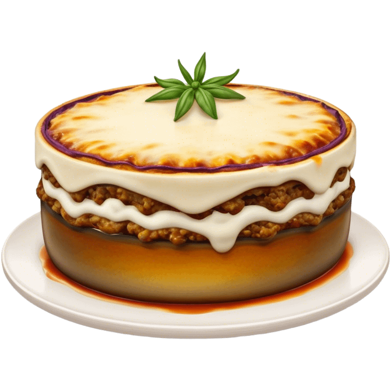 Cinematic Realistic Moussaka Dish Emoji, depicted with layers of eggplant, minced meat, and b√©chamel sauce rendered with rich textures and warm, inviting lighting that captures its Mediterranean flavor. emoji