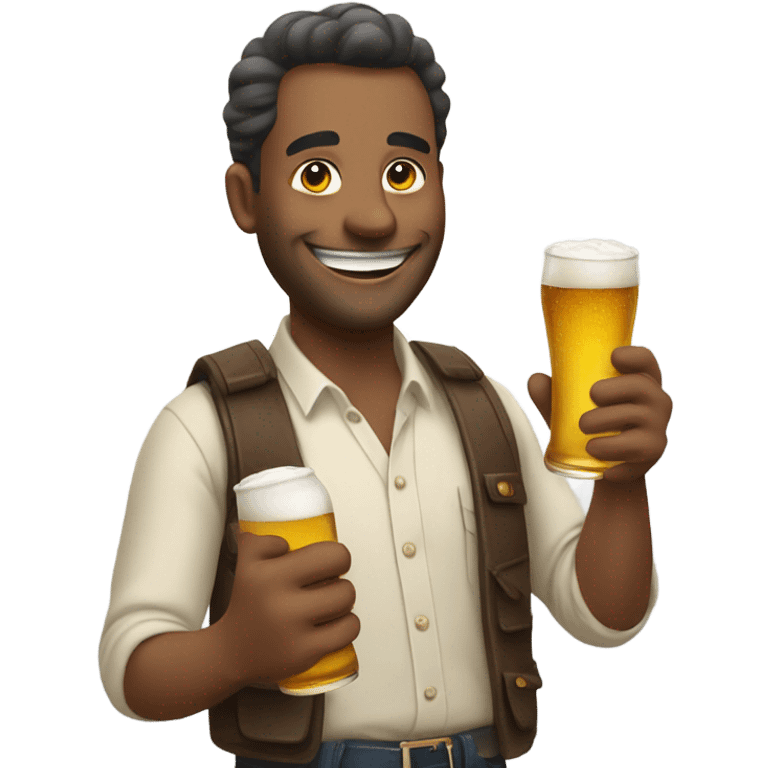 A happy guy drinking a beer and looking at a phone emoji