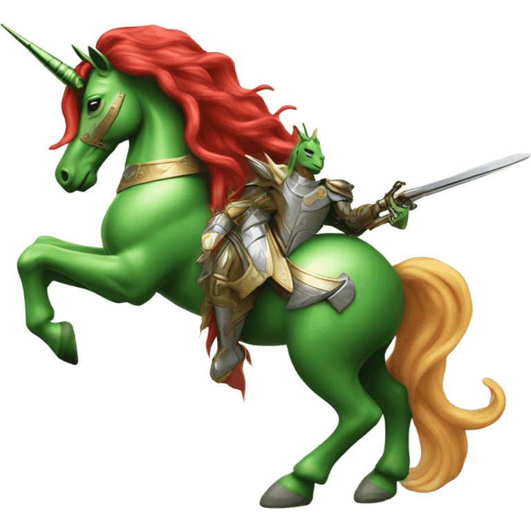 four-legged red unicorn a green amazon alien woman, on a unicorn emoji