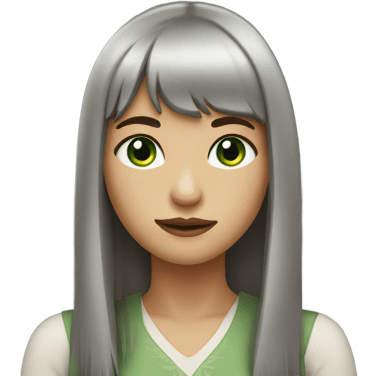 Woman Long dark hair with bangs and green Eyes - in a cute pose emoji