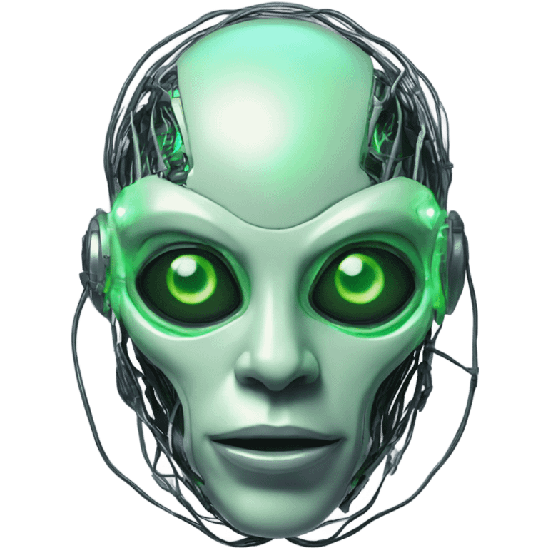 Alien cyborg head with glowing wires and green eyes  emoji