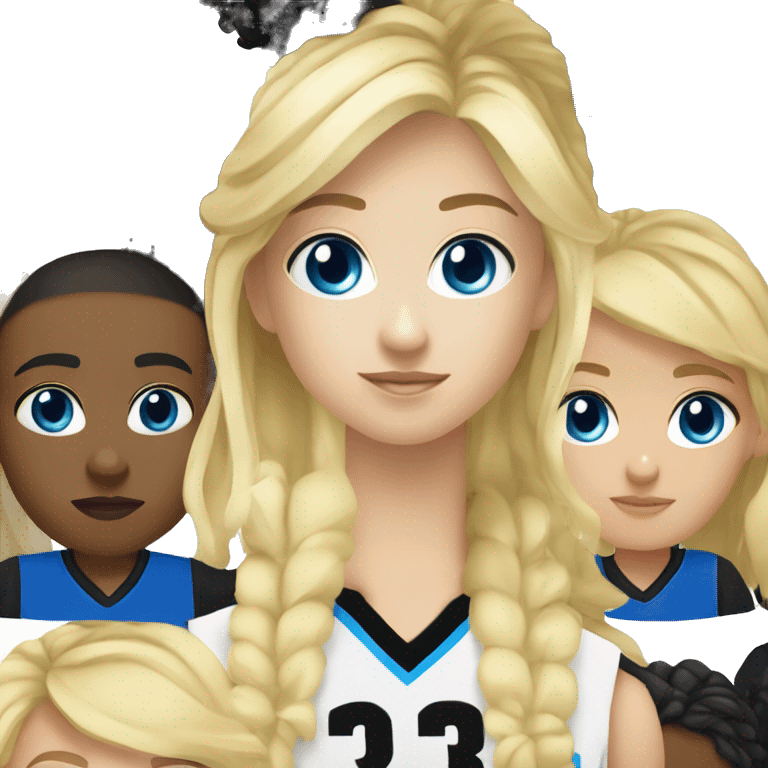 blonde blue eyes girl with boy with black hair and black eyes in basketball uniform number 31 emoji