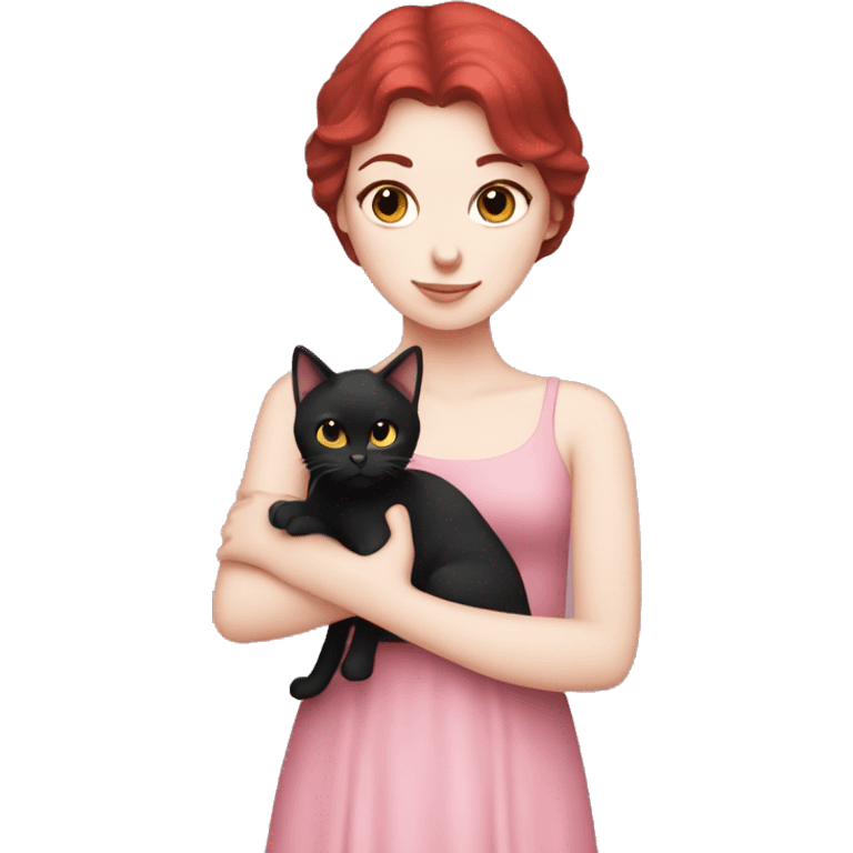 Dark Red hair, white skin wearing pink dress girl who is holding a black cat emoji