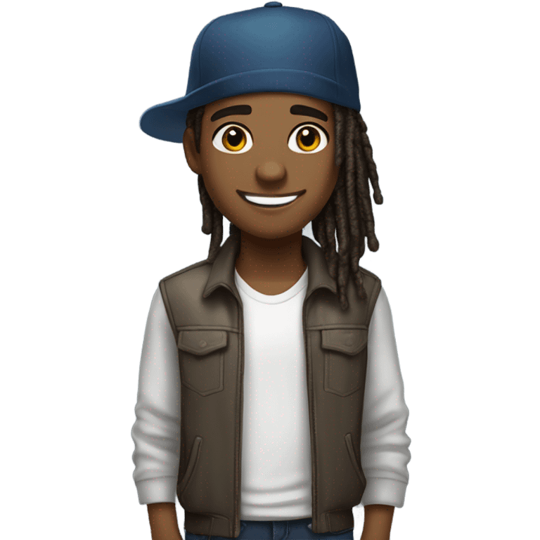 A young African-American male with short, thick dreadlocks and a friendly, confident smile. Add a stylish cap tilted slightly to the side, complementing his vibrant and approachable energy. emoji