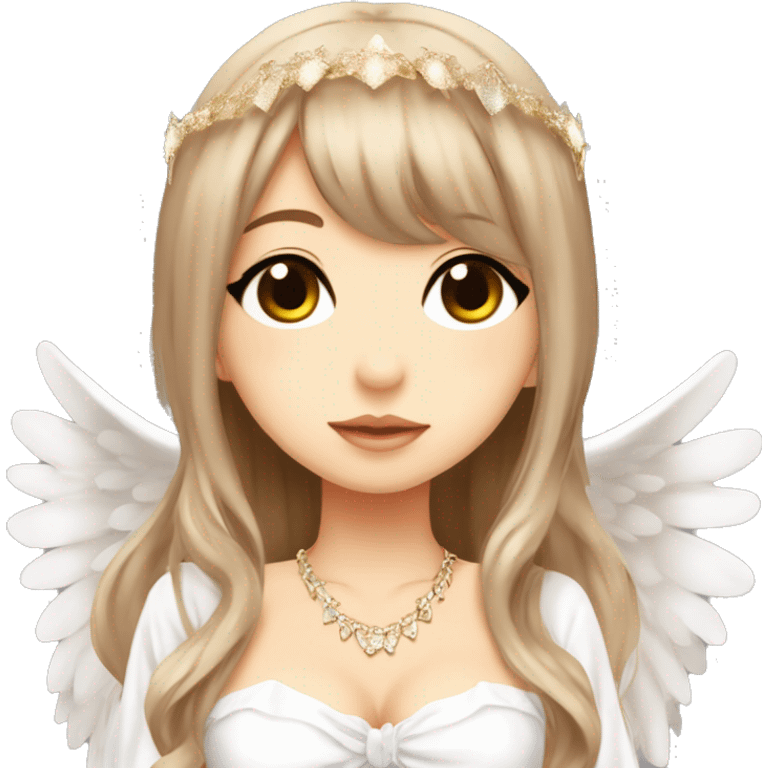 hime gyaru girl, angel wings, halo, white dress, long brown beautiful hair  emoji