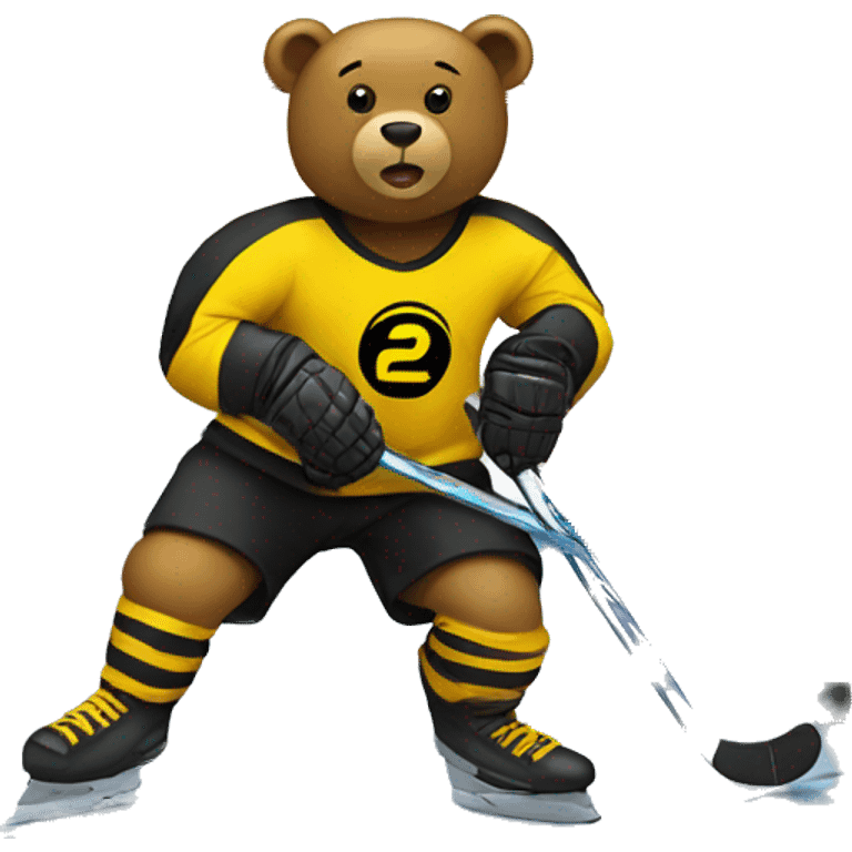 Bear playing hockey in yellow and black jersey emoji