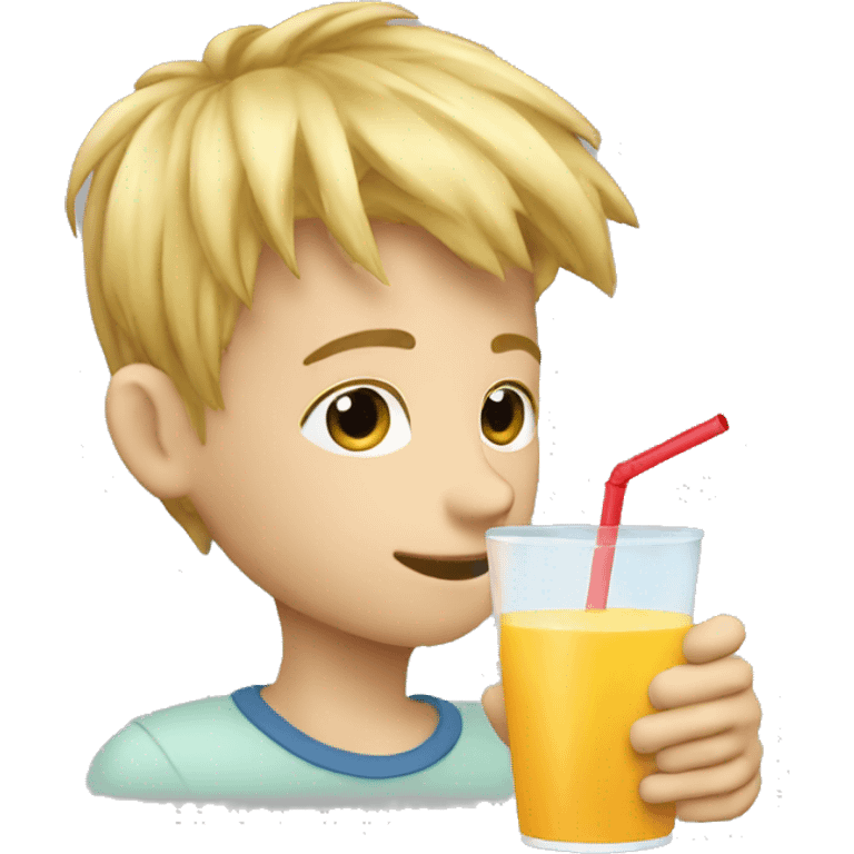 A blonde boy sucking juice with a straw while his hand is holding the drink, profile view emoji