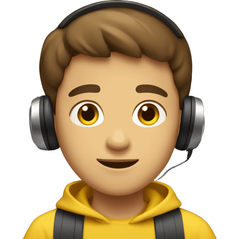 a brown short hair boy with headphone and yellow pullover say "hi" emoji