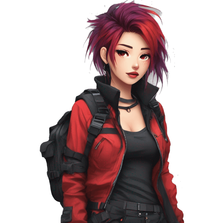 Gorgeous bright colorful techwear anime style lady with blushing face aesthetic and pretty edgy black red punk messy hair with collar and harness trending style emoji