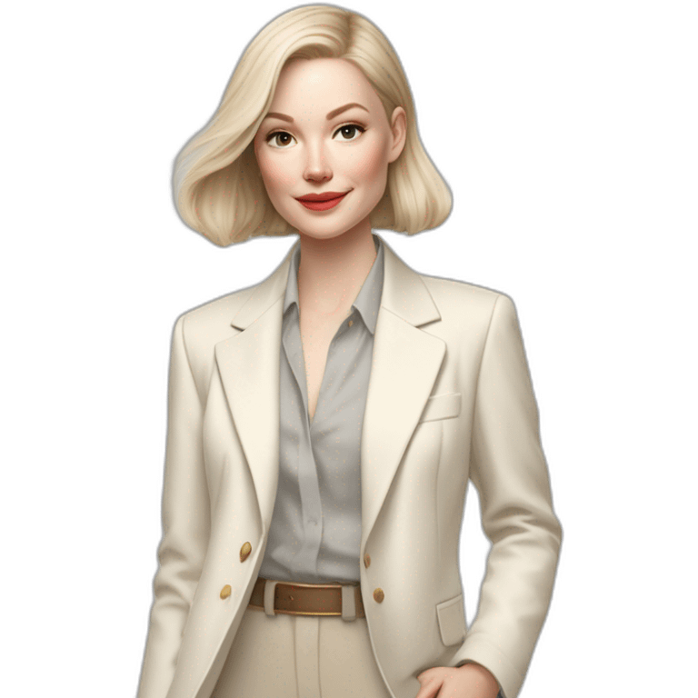 pale skin woman with ash blonde Straightened bob Hair, White Spacious classical jacket, beige palazzo Arrow pants and gray blouse holding white IPhone 15 pro in the hands emoji