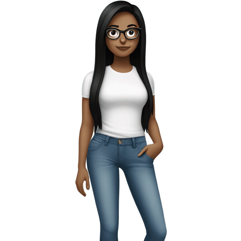 White girl with straight black hair and glasses wearing a white crop top and jeans glasses full body emoji