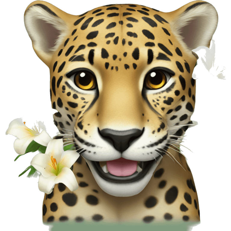 A jaguar smiling with a lily in her ear emoji