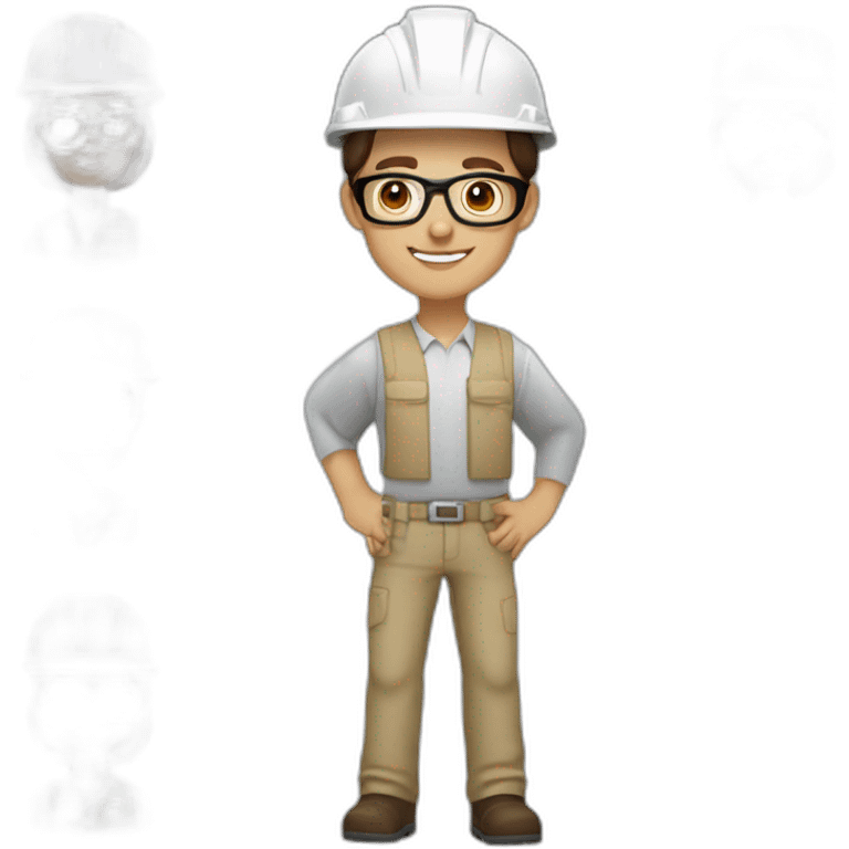 Engineer, white hard hat, light skin tone, dark brown Hair, glasses, square face emoji