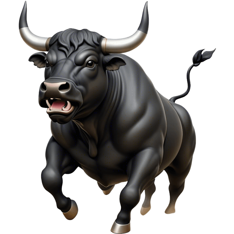 ​Cinematic Realistic Black Charging Bull, depicted in mid-charge with a powerful, muscular form and glossy black hide glistening under dynamic dramatic lighting, dust and motion captured mid-air to exude raw strength and unbridled energy on an expansive arena, emoji