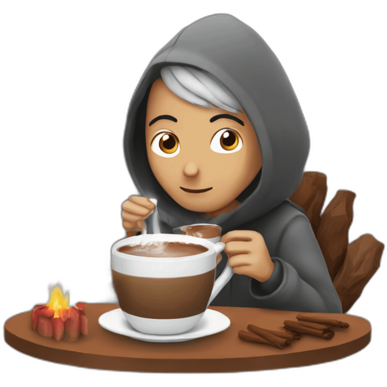 Zemmour drinking hot chocolate around a fire emoji