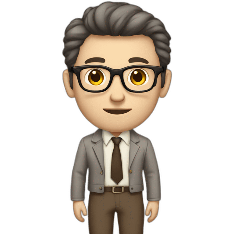 Full height Pale skinned Fit Man With dark brown hair in gray jacket, beige office shirt, tie, Brown pants and vintage glasses. Thrumbs of his palms directed up emoji