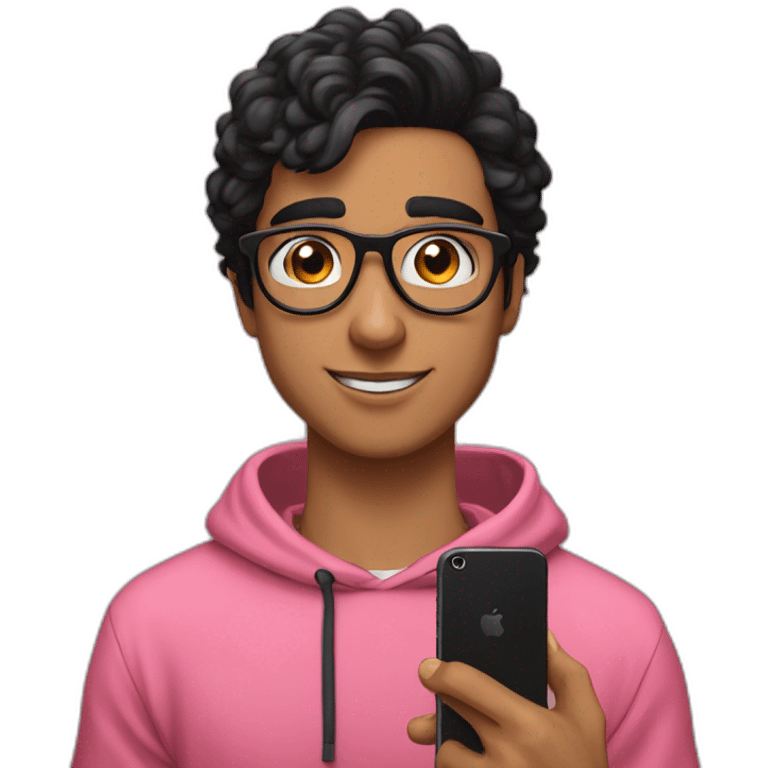 A young man wearing glasses, a pink hoodie, and black hair, holding a phone and next to him an Instagram account called emad24271. emoji